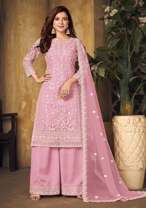 Pink Embroidery Net Kurta Set