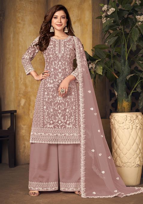 Pink Embroidery Net Kurta Set