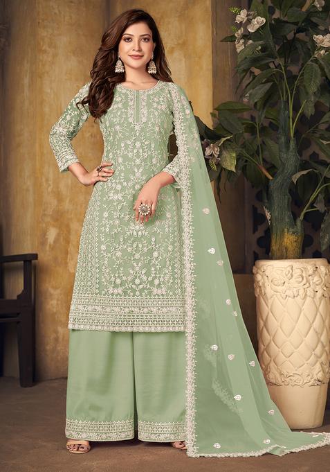 Light Green Embroidery Net Kurta Set