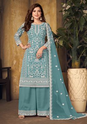 Sea Green Embroidery Net Kurta Set