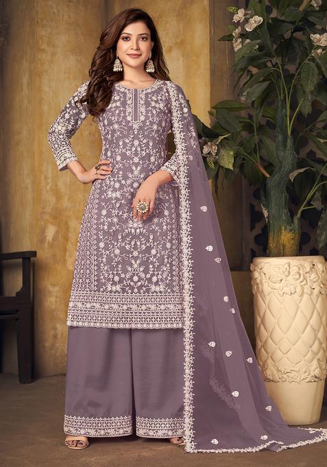 Lavender Embroidery Net Kurta Set