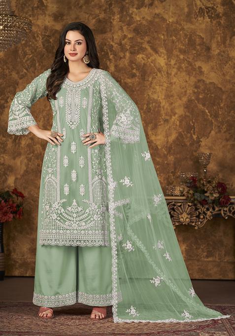 Light Green Embroidery Net Kurta Set