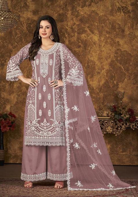 Light Purple Embroidery Net Kurta Set