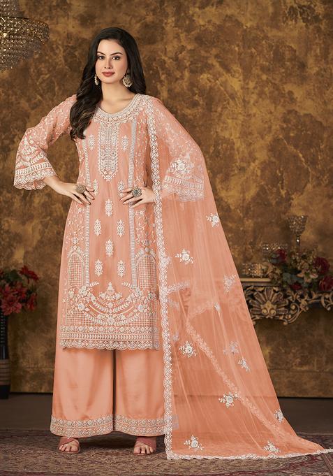 Peach Embroidery Net Kurta Set