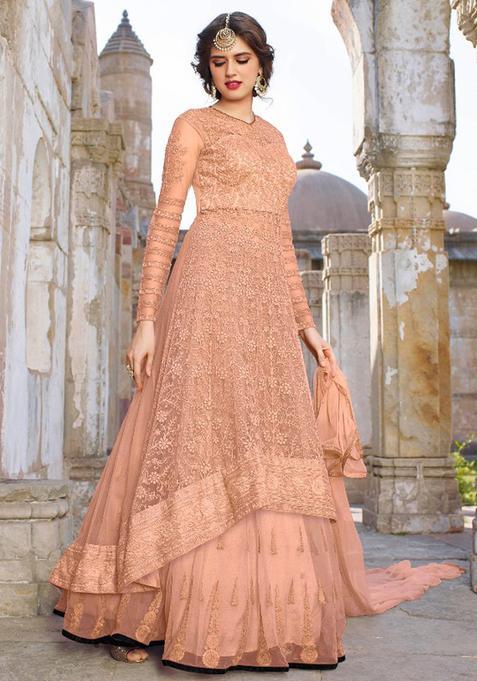 Peach Sequins Embroidery Work Net Kurta Set