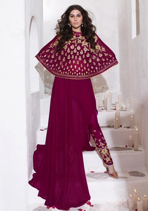 Magenta Embroidery Net Kurta Set