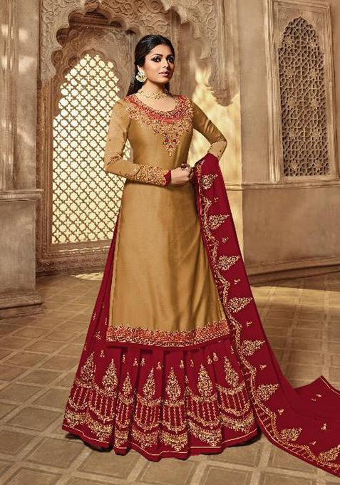 Beige Zari Work Georgette Kurta Set