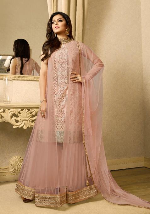 Peach Sequins Embroidery Work Net Kurta Set