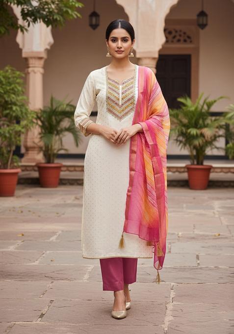 Pink Embroidery Chanderi Kurta Set