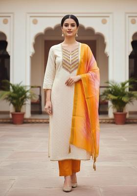 Yellow Embroidery Chanderi Kurta Set