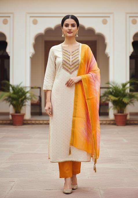 Yellow Embroidery Chanderi Kurta Set