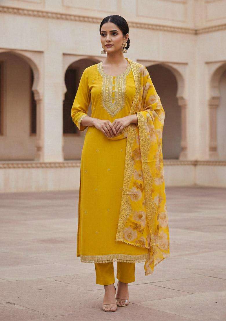 Yellow Embroidery Silk Kurta Set - Indya
