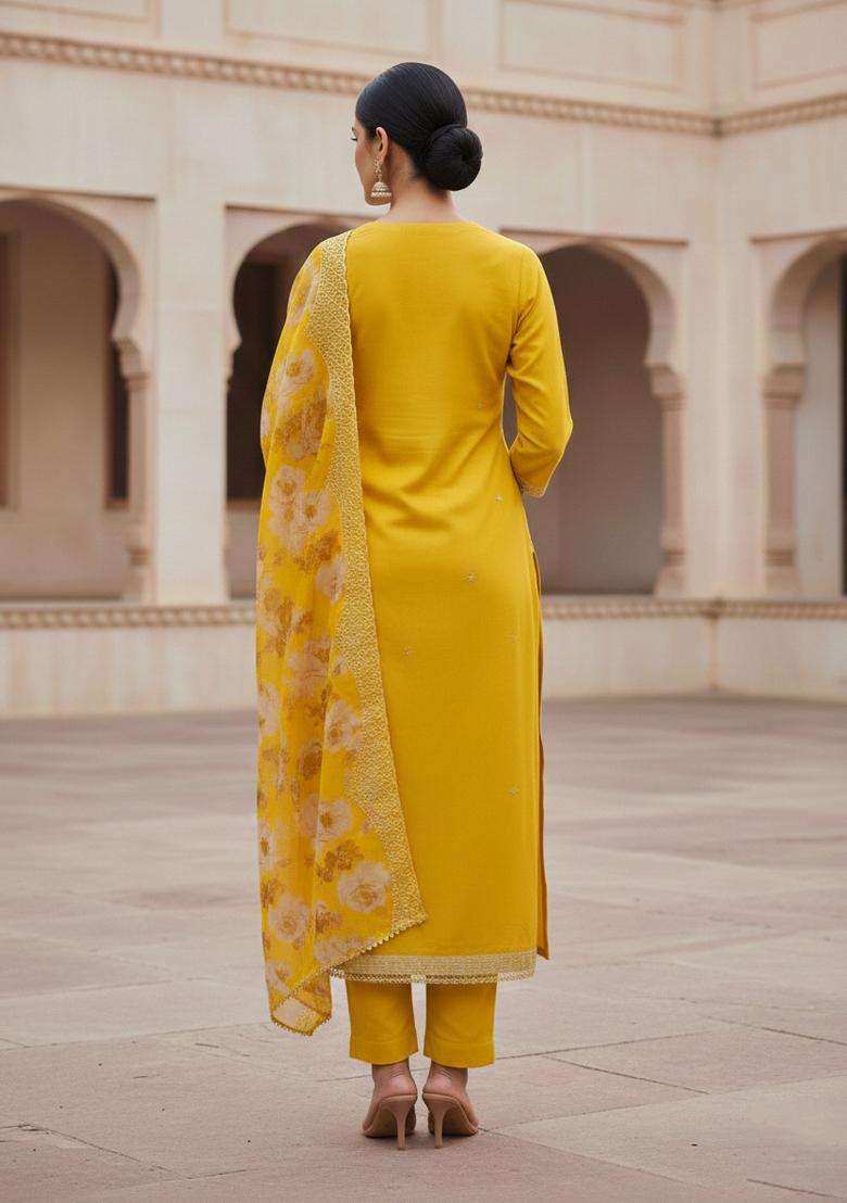 Yellow Embroidery Silk Kurta Set - Indya