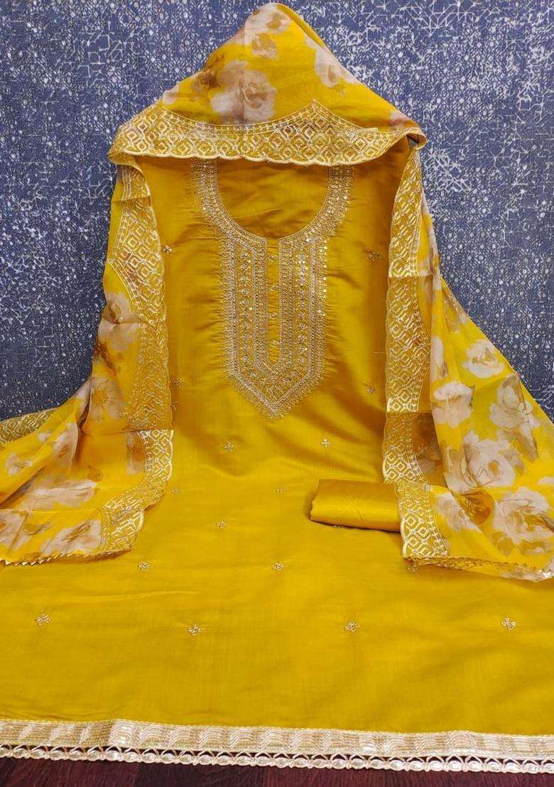 Yellow Embroidery Silk Kurta Set - Indya