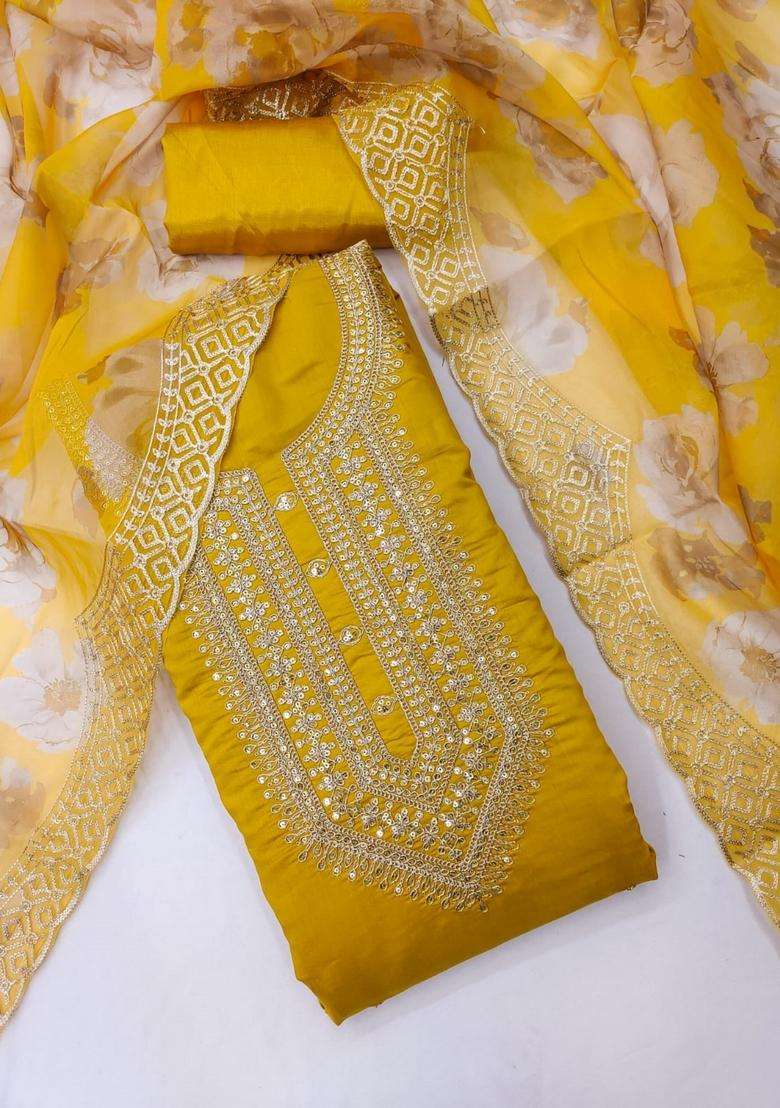 Yellow Embroidery Silk Kurta Set - Indya