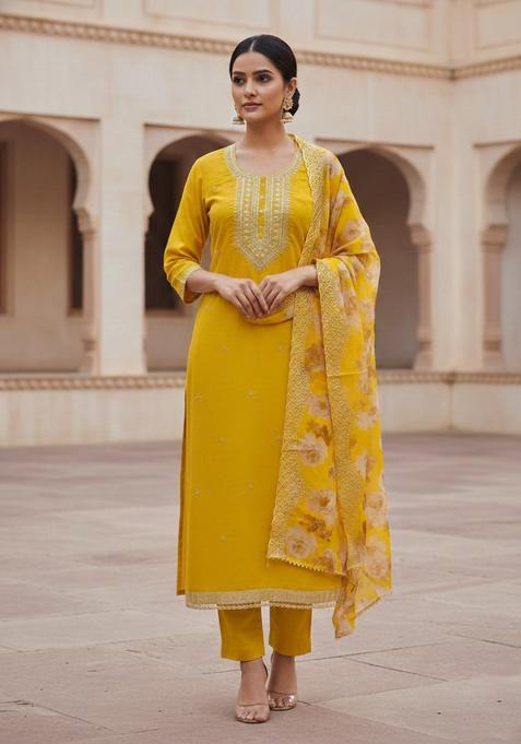 Yellow Embroidery Silk Kurta Set
