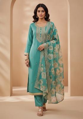 Sea Green Embroidery Silk Kurta Set