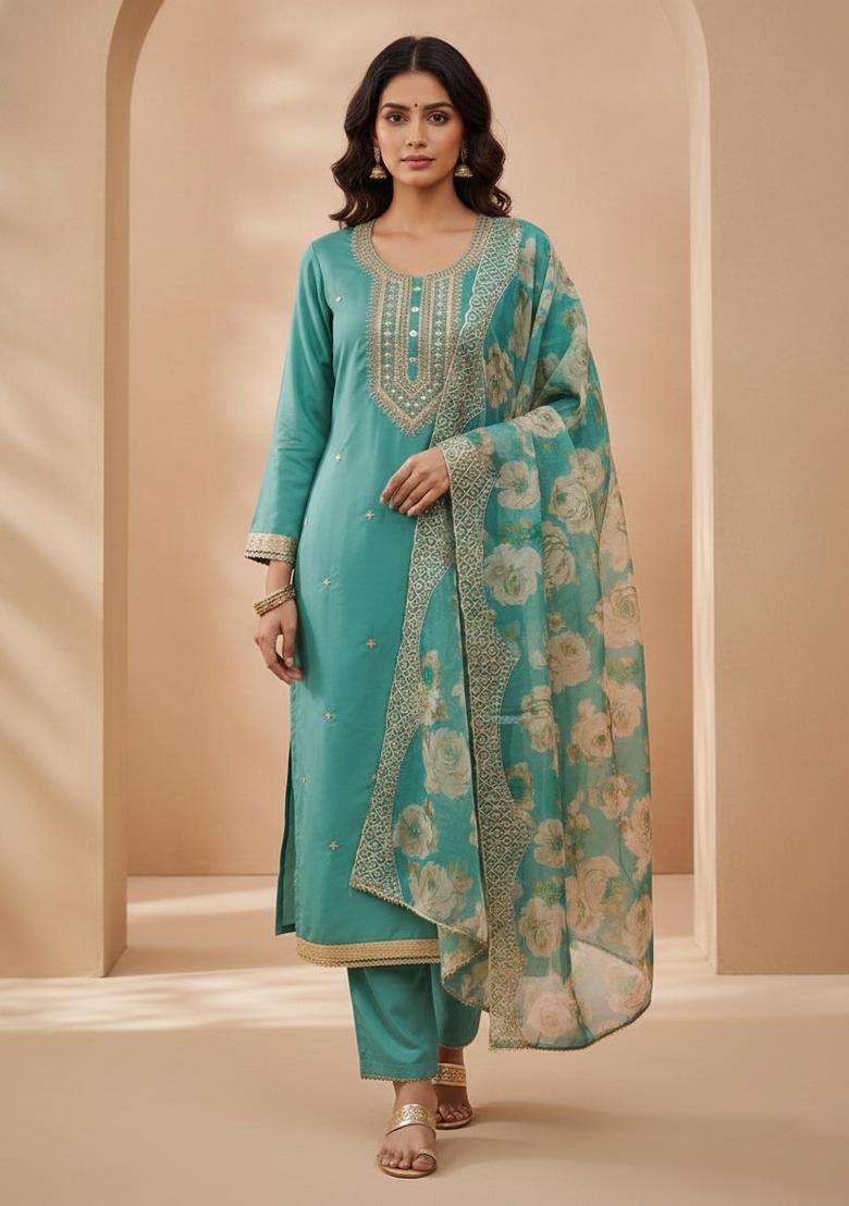 Sea Green Embroidery Silk Kurta Set - Indya
