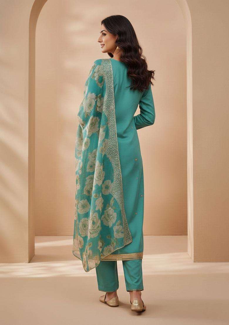 Sea Green Embroidery Silk Kurta Set - Indya