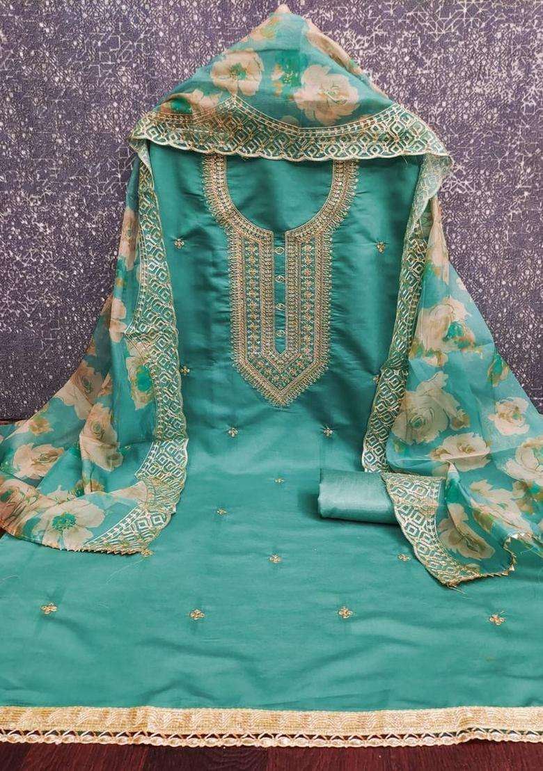 Sea Green Embroidery Silk Kurta Set - Indya