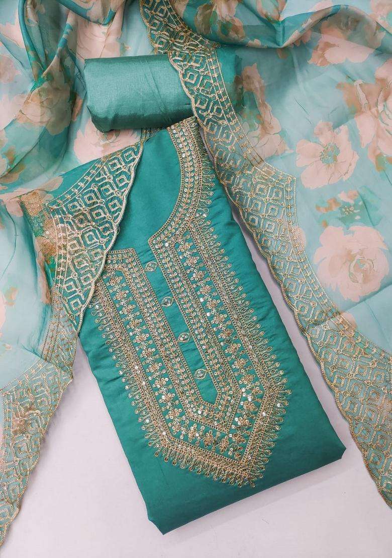 Sea Green Embroidery Silk Kurta Set - Indya