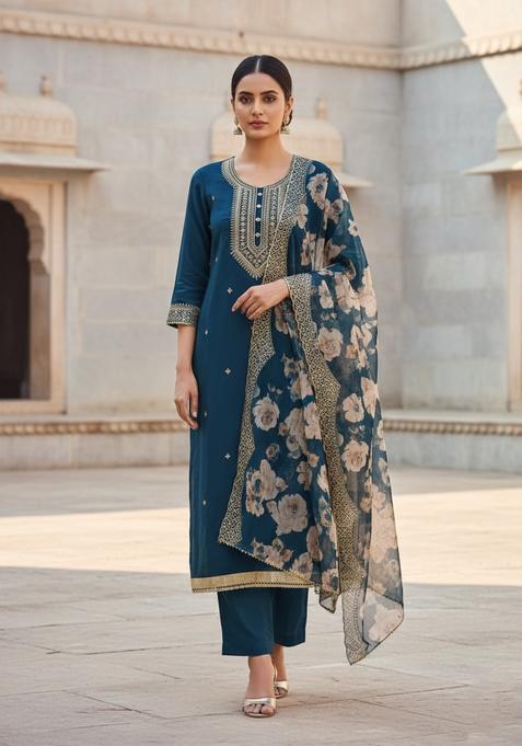 Blue Embroidery Silk Kurta Set