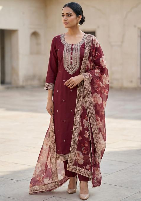 Maroon Embroidery Silk Kurta Set