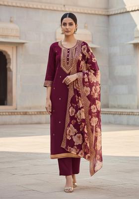 Purple Embroidery Silk Kurta Set
