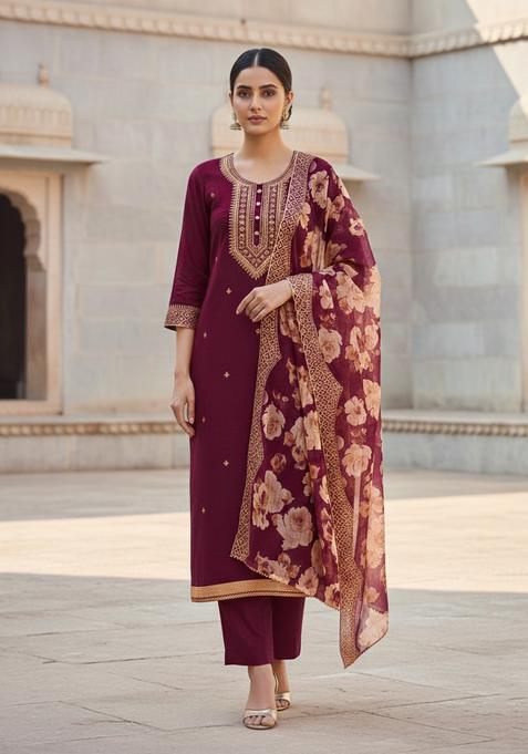 Purple Embroidery Silk Kurta Set