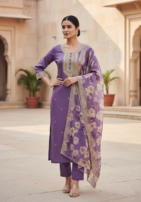 Lavender Embroidery Silk Kurta Set