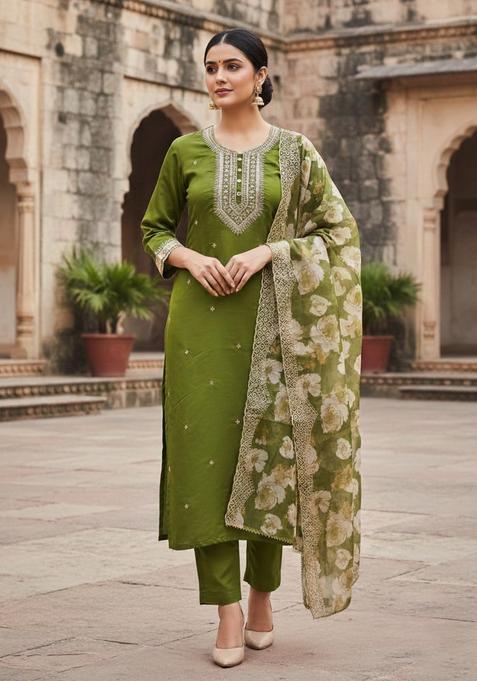 Green Embroidery Silk Kurta Set