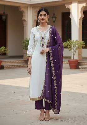 White Embroidery Cotton Kurta Set