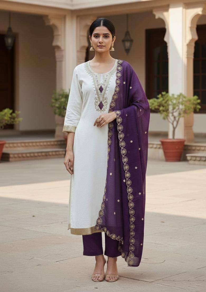 White Embroidery Cotton Kurta Set - Indya