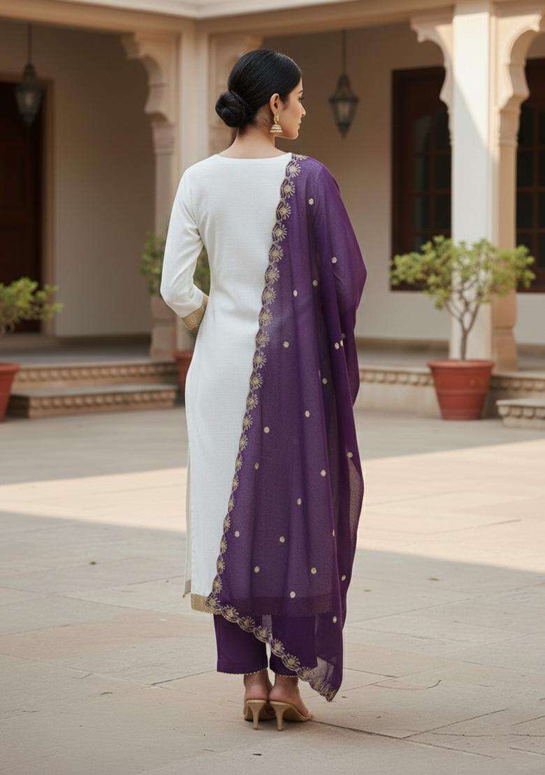 White Embroidery Cotton Kurta Set - Indya
