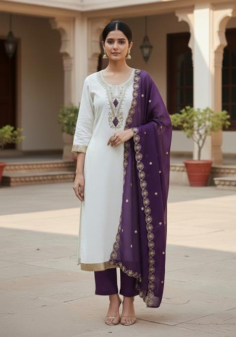 White Embroidery Cotton Kurta Set