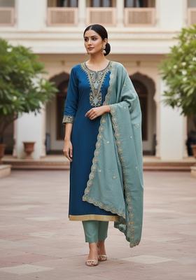 Blue Embroidery Cotton Kurta Set