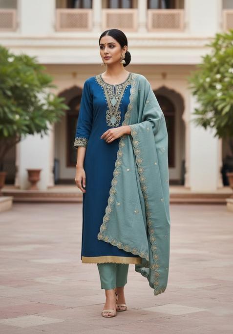 Blue Embroidery Cotton Kurta Set