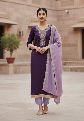 Purple Embroidery Cotton Kurta Set