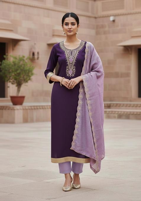 Purple Embroidery Cotton Kurta Set