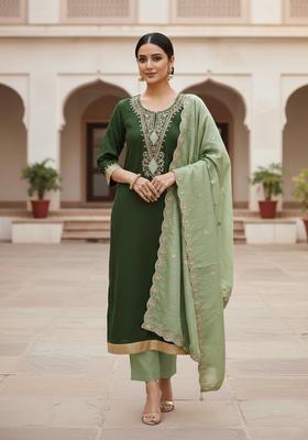 Green Embroidery Cotton Kurta Set