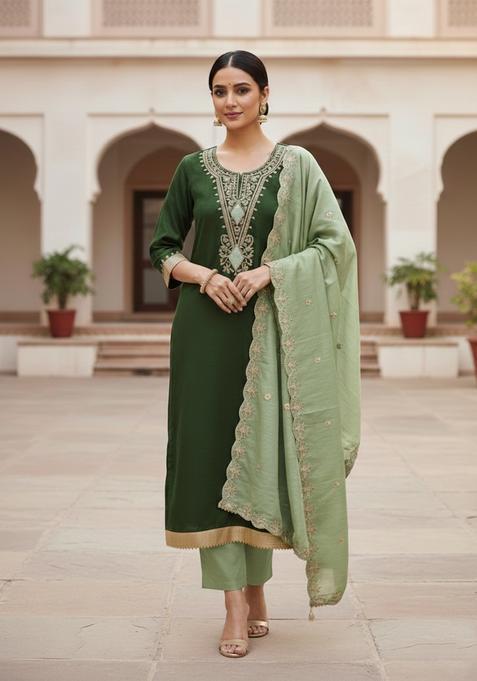 Green Embroidery Cotton Kurta Set
