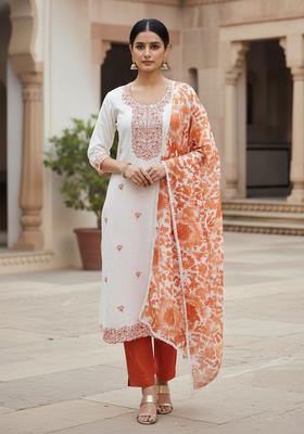 Orange Embroidery Cotton Kurta Set