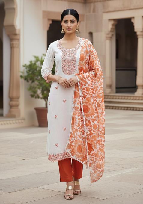 Orange Embroidery Cotton Kurta Set