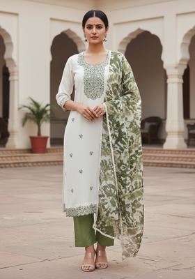 Green Embroidery Cotton Kurta Set
