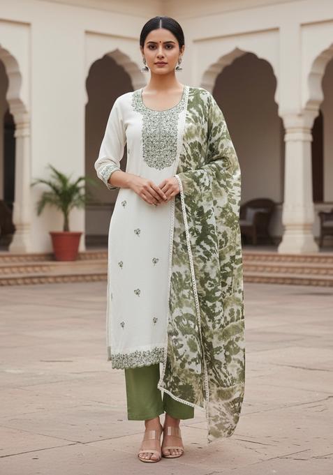 Green Embroidery Cotton Kurta Set