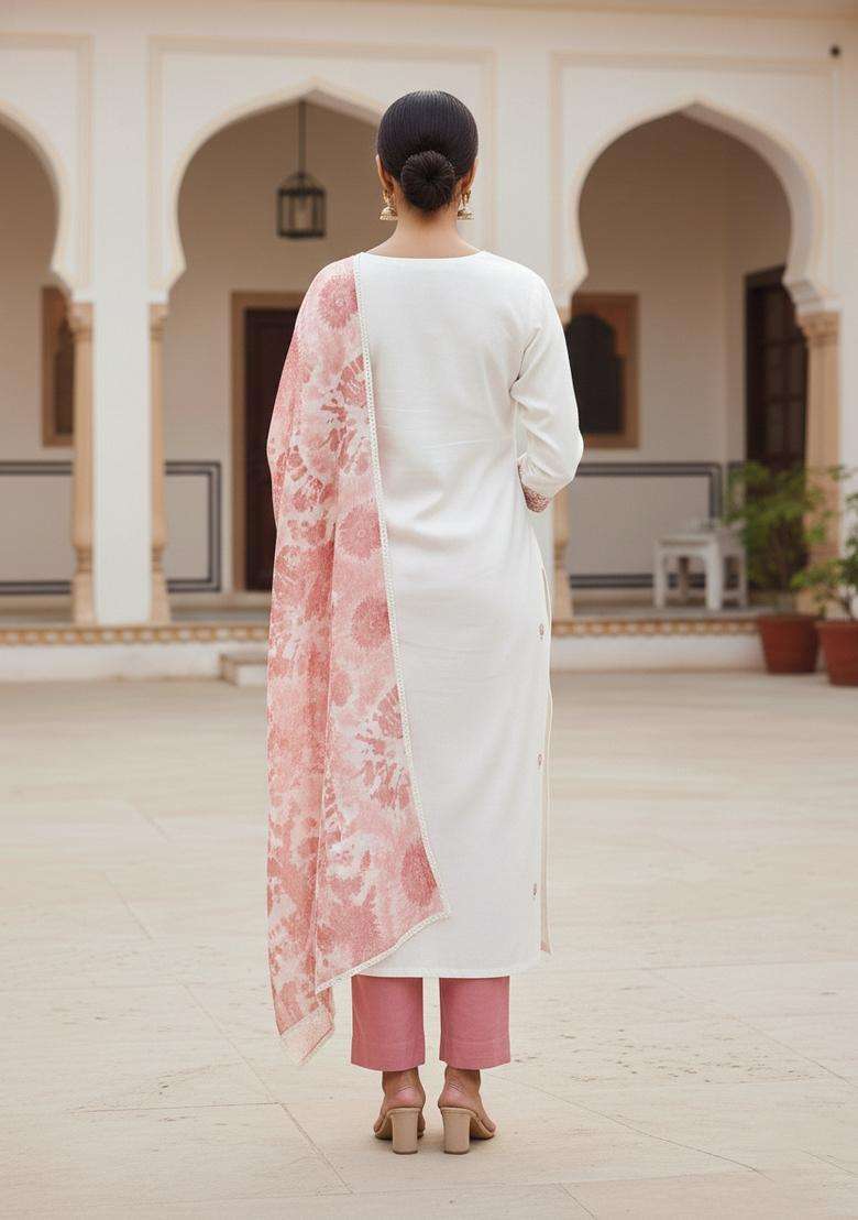 Peach Embroidery Cotton Kurta Set - Indya