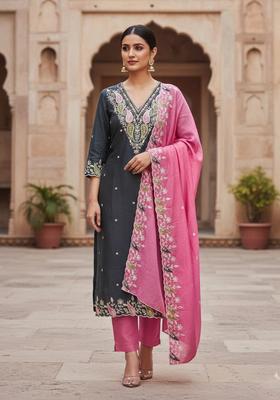 Blue Embroidery Cotton Kurta Set