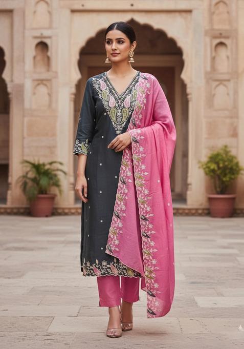 Blue Embroidery Cotton Kurta Set