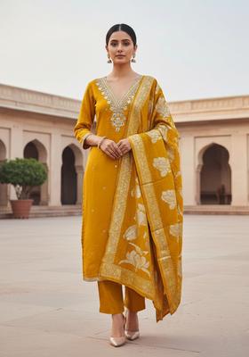 Yellow Embroidery Cotton Kurta Set