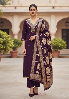 Purple Embroidery Cotton Kurta Set